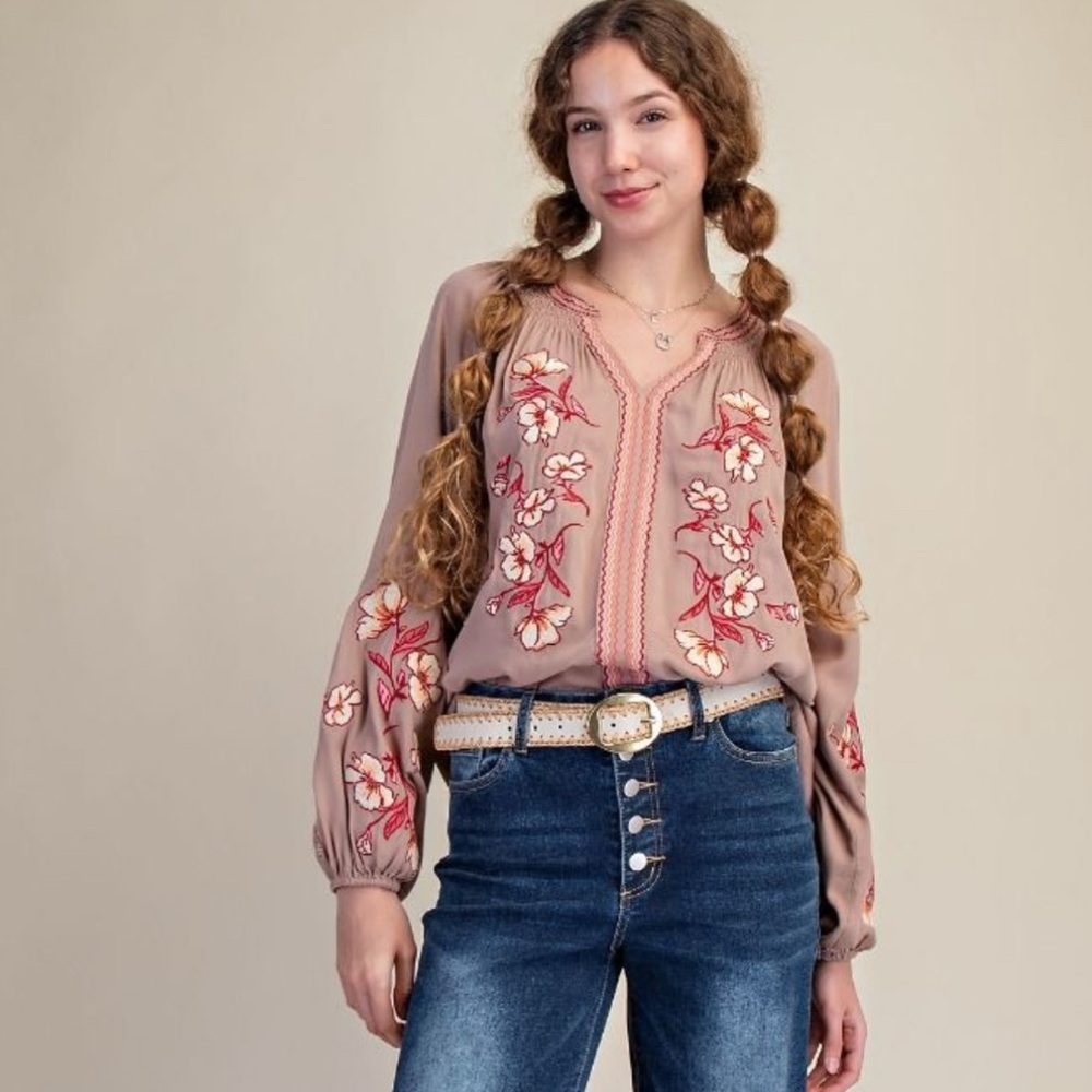 Easel Mocha Blouse with Red Floral Design